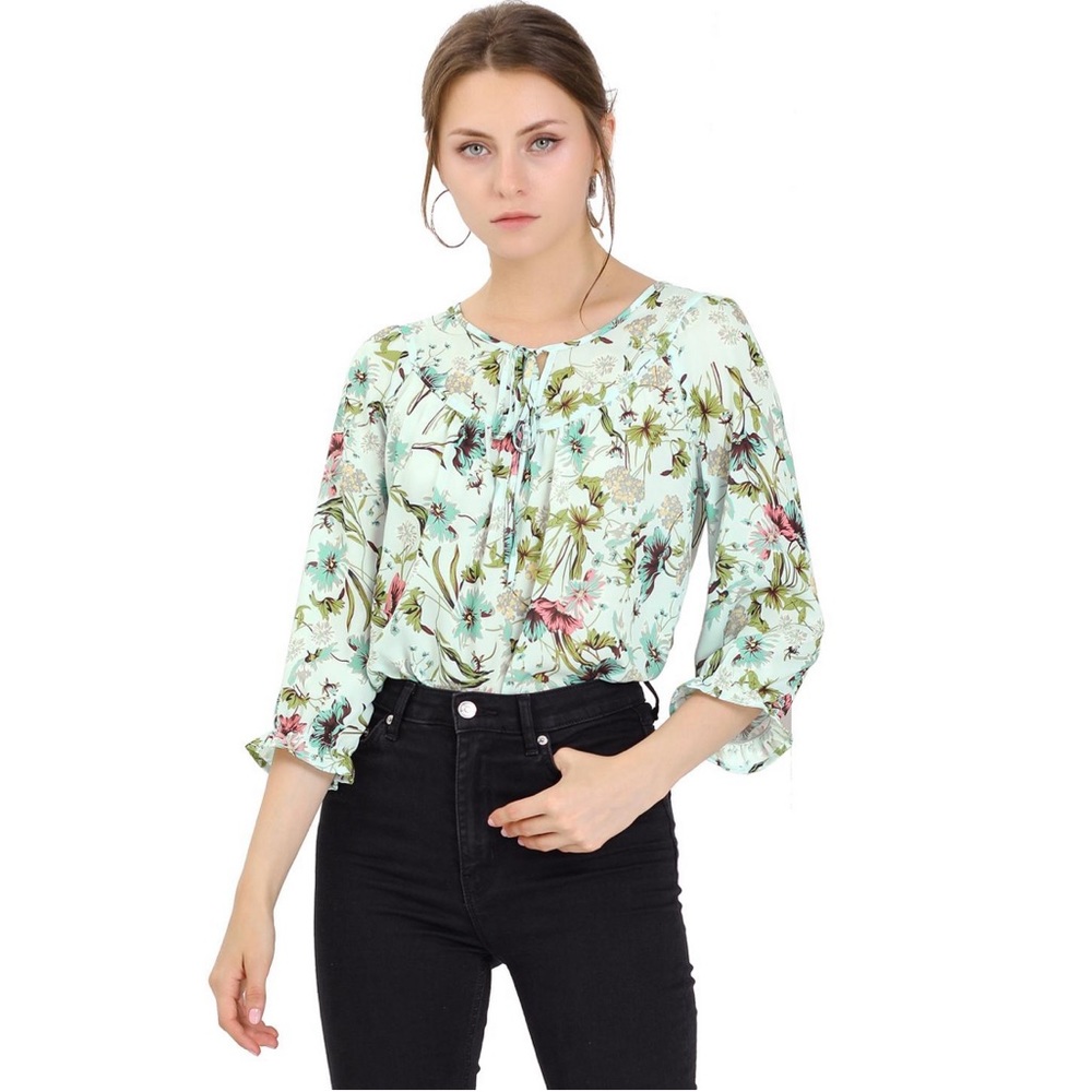 NWT! Allegra K Women's Floral Bow Tie Neck
Vintage 3/4 Sleeve Blouse Green S